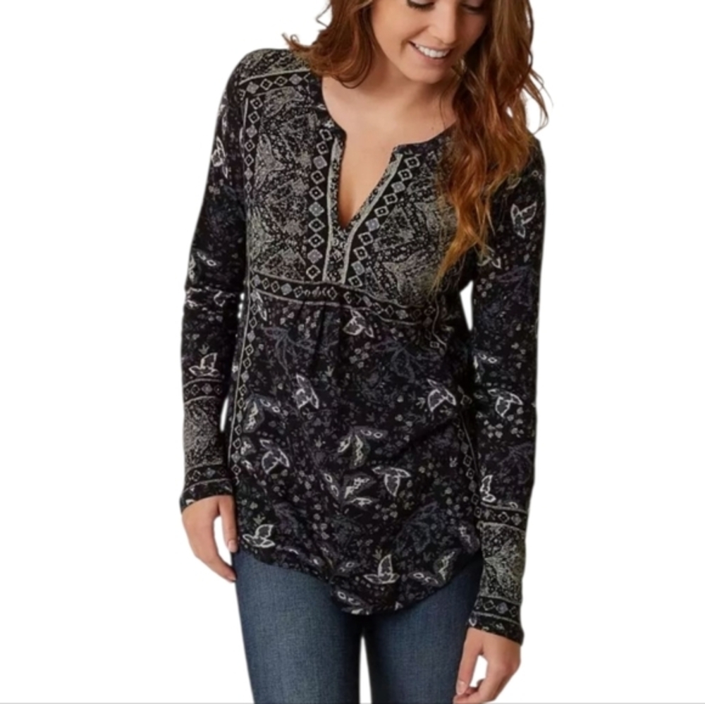 Lucky Brand Lightweight Black Blue White Long Sleeve Blouse Size Medium